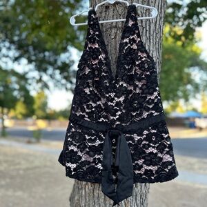 White House Black Market Black and Pink Lace Overlay Top